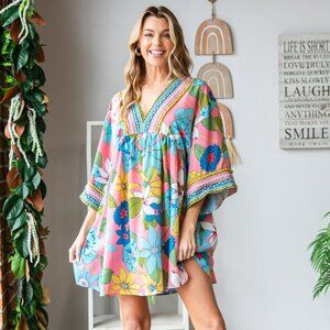 Pink and Blue V-Neck Dolman Sleeve Mini Sundress